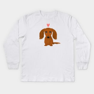 Cute Longhaired Dachshund Cartoon Dog with Heart Kids Long Sleeve T-Shirt